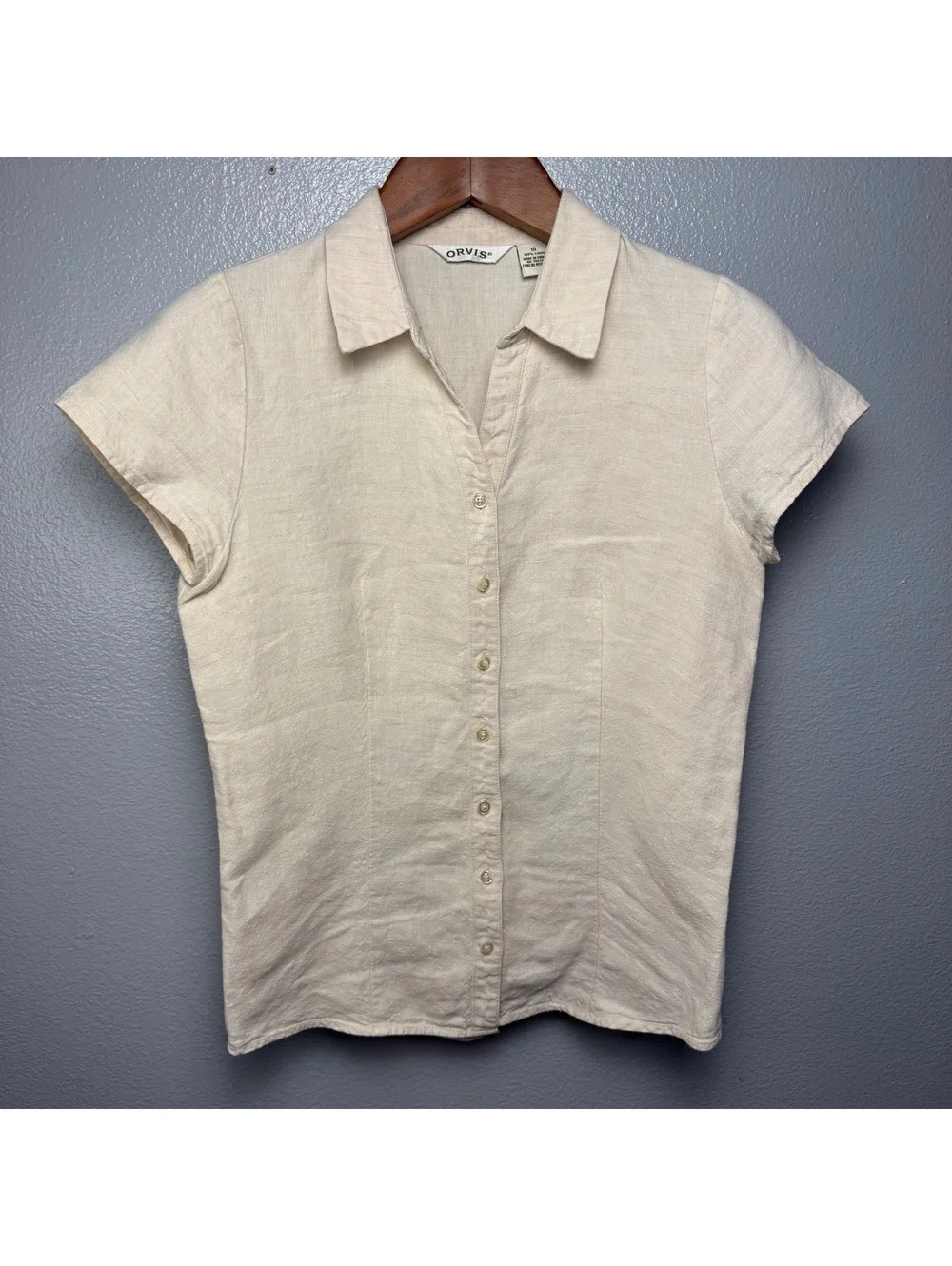 Orvis 100% Linen Short Sleeve Button Front Blouse Women’s Size 10 Beige - Picture 2 of 9